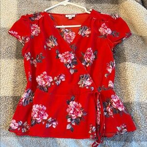 Red Floral Wrap Top